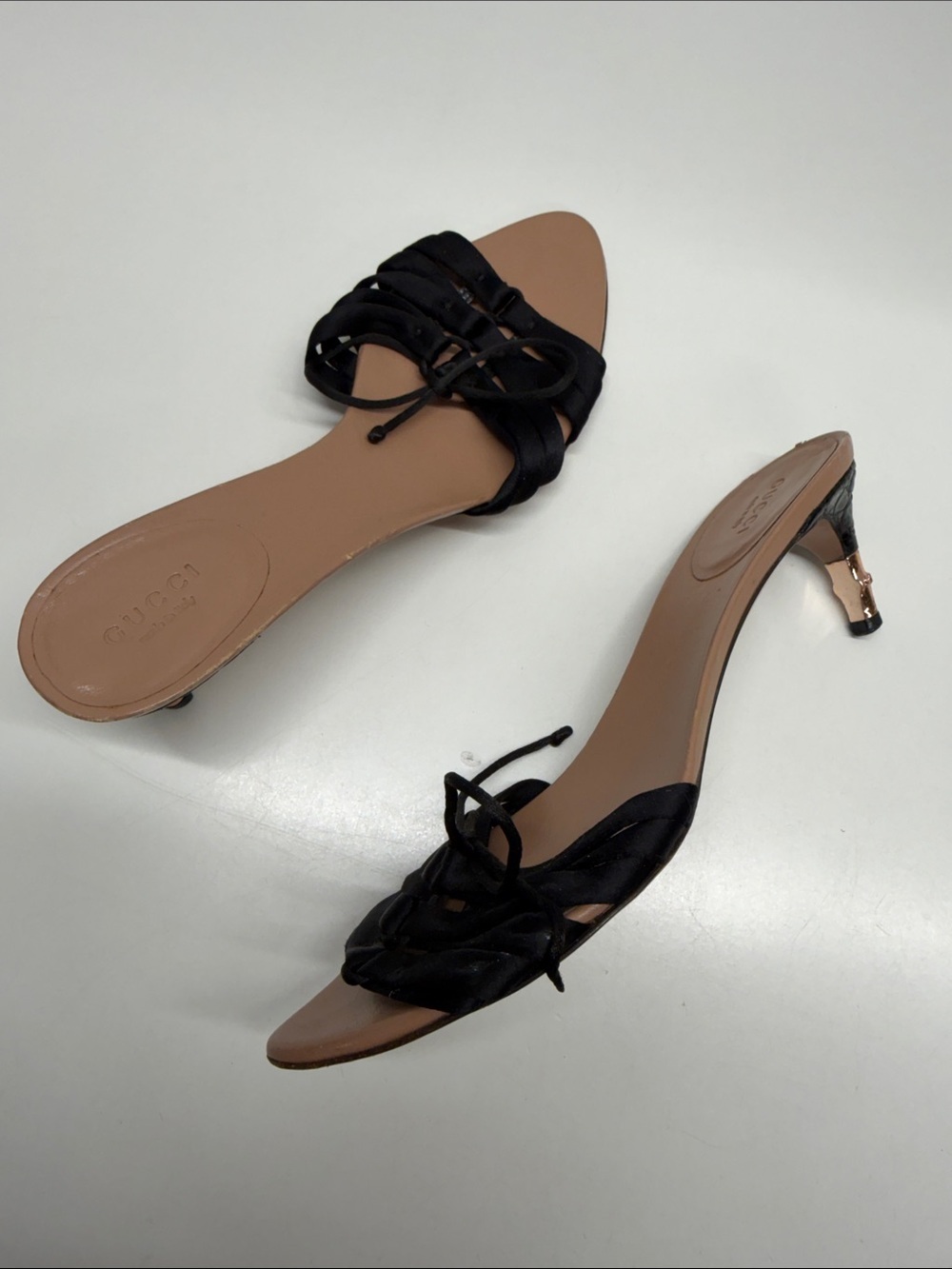 Gucci Kitten Heel Pumps Open Toe Satin Lace Bow High Heel Shoes Black Size 7.5
